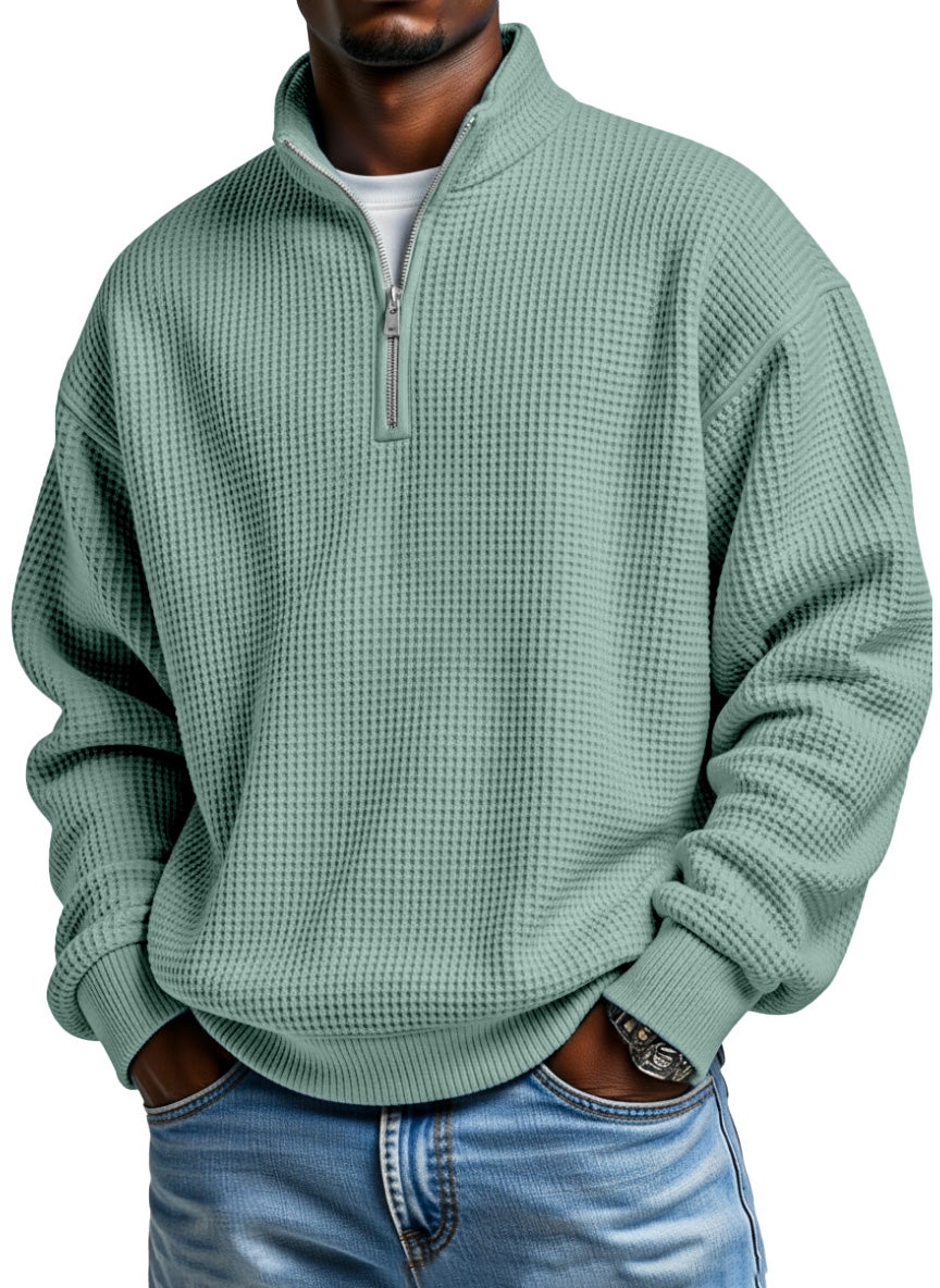 Men's Daily Loose And Simple Waffle Half-zip Stand Collar Long-sleeved Polo Shirt