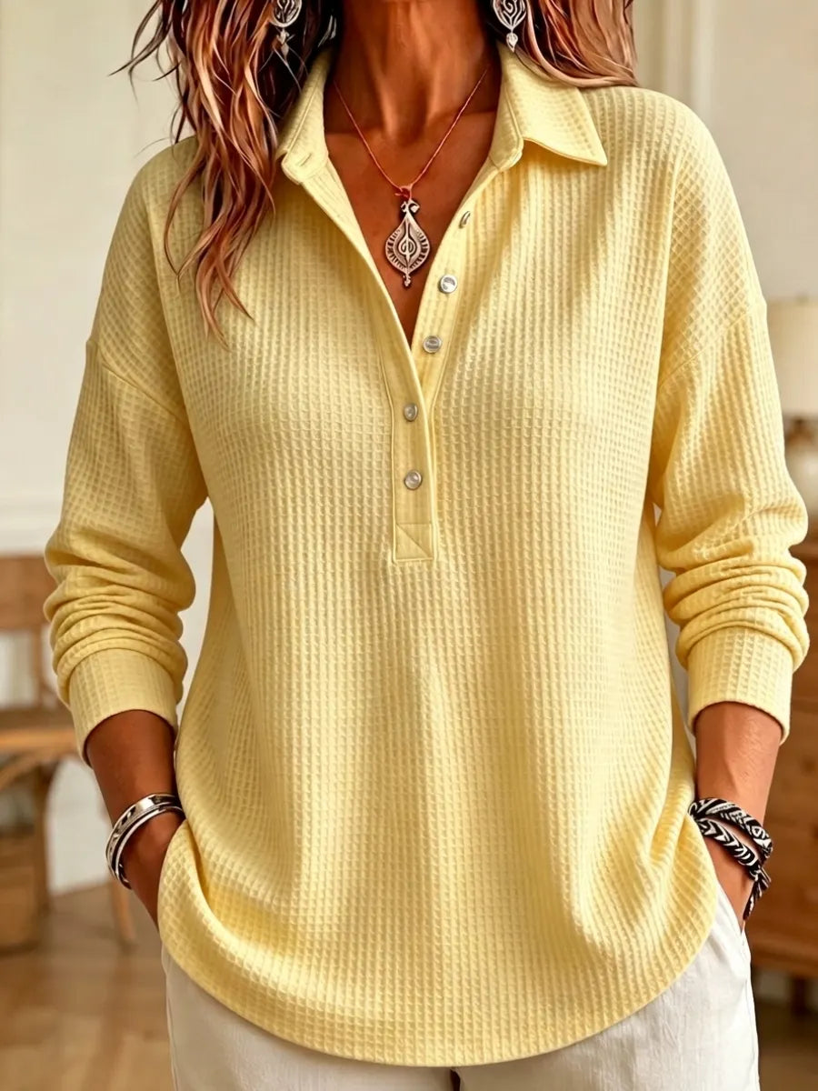 CLEARANCE SALEš„ Women's Casual Waffle Knit Collared Henley Long Sleeve Shirt