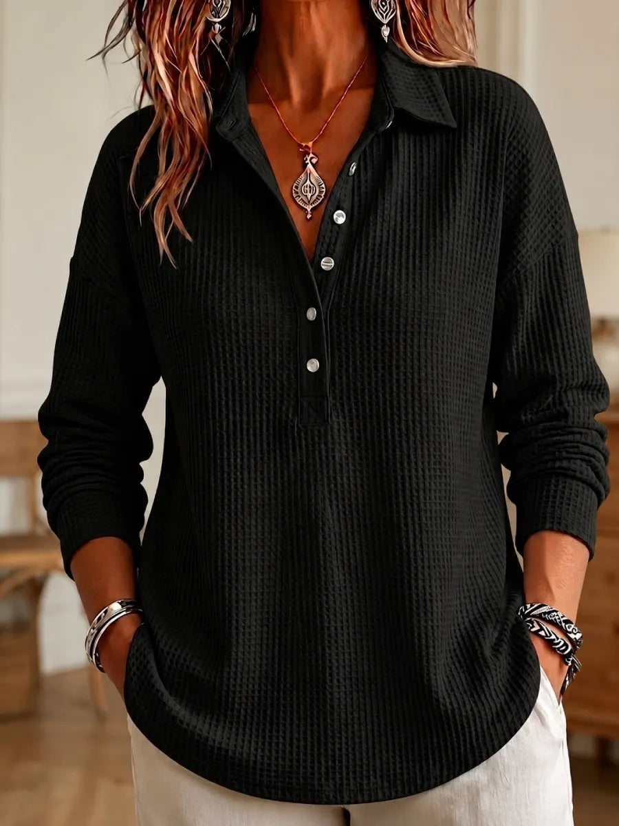 CLEARANCE SALEš„ Women's Casual Waffle Knit Collared Henley Long Sleeve Shirt
