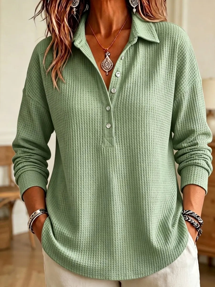 CLEARANCE SALEš„ Women's Casual Waffle Knit Collared Henley Long Sleeve Shirt