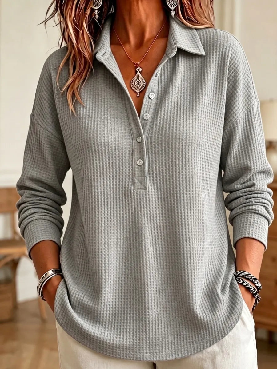 CLEARANCE SALEš„ Women's Casual Waffle Knit Collared Henley Long Sleeve Shirt