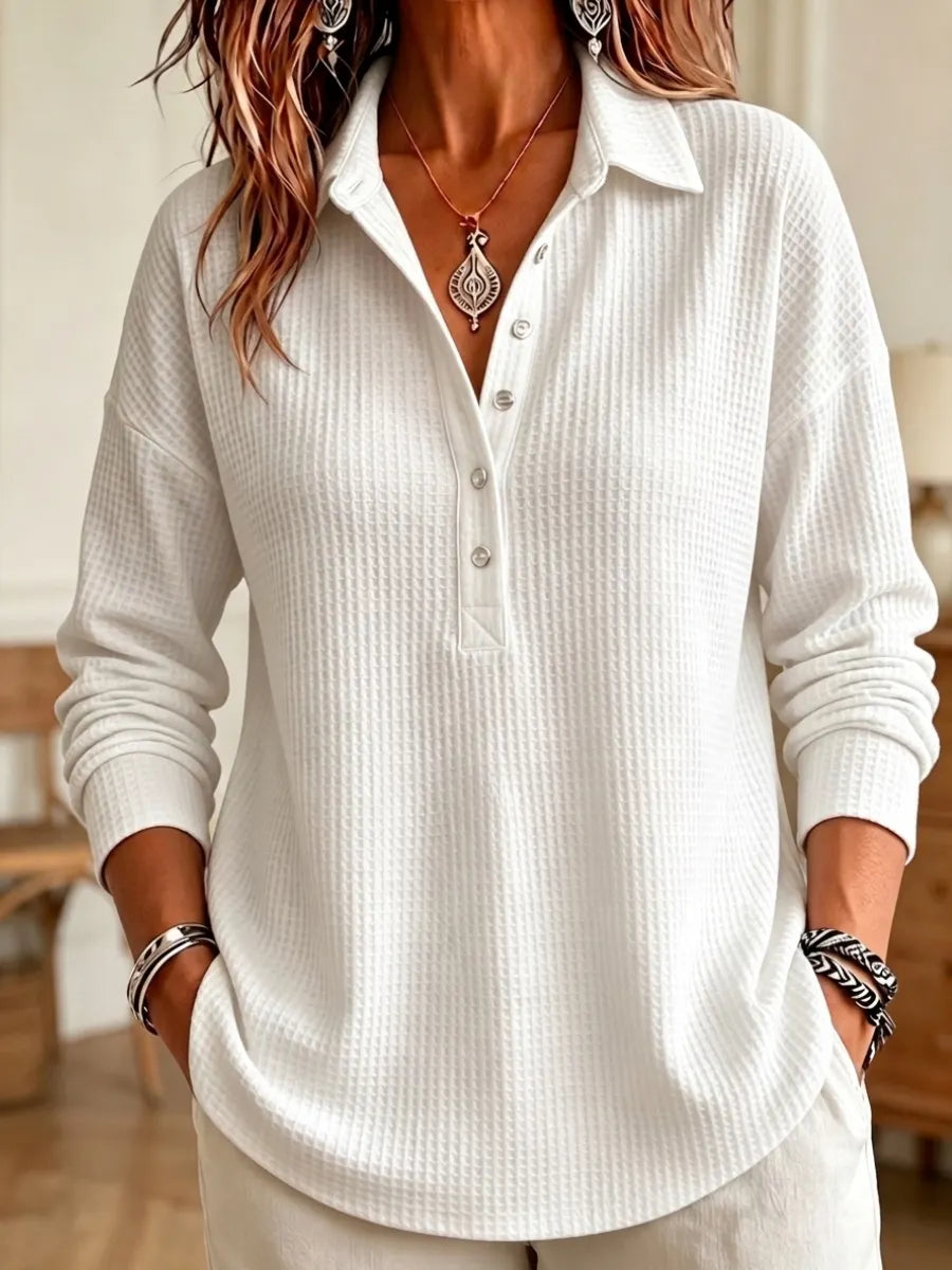 CLEARANCE SALEš„ Women's Casual Waffle Knit Collared Henley Long Sleeve Shirt