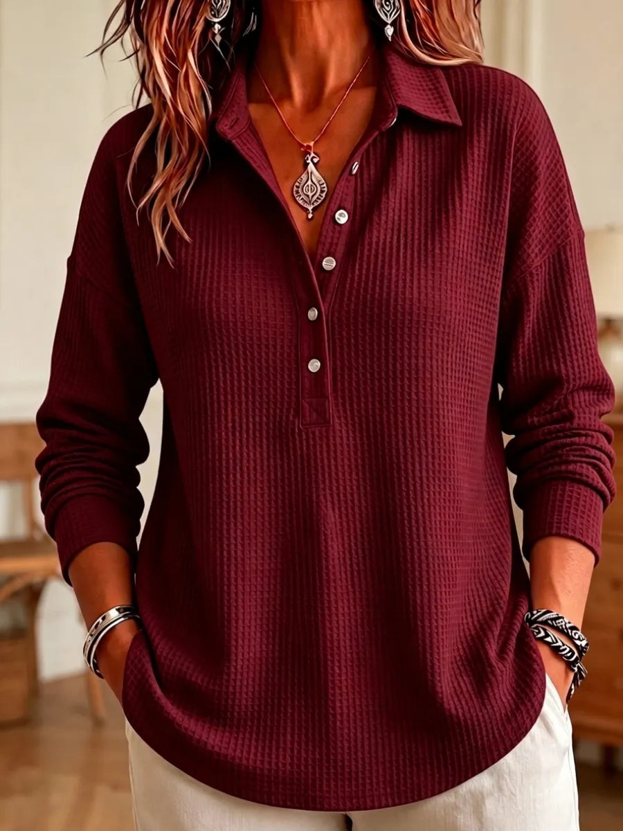 CLEARANCE SALEš„ Women's Casual Waffle Knit Collared Henley Long Sleeve Shirt