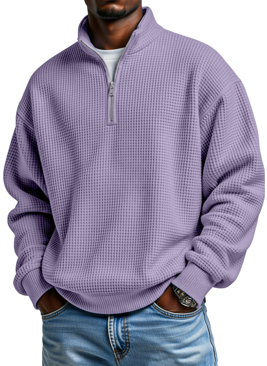 Men's Daily Loose And Simple Waffle Half-zip Stand Collar Long-sleeved Polo Shirt