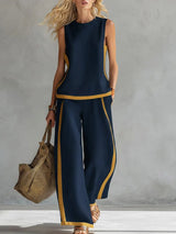 Women's Round Neck Sleeveless Casual Loose Top And High-waisted Loose Wide-leg Pants Cotton And Linen Set