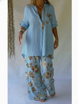 Casual Floral Print Linen And Cotton Shirt And Trousers Two-piece Set